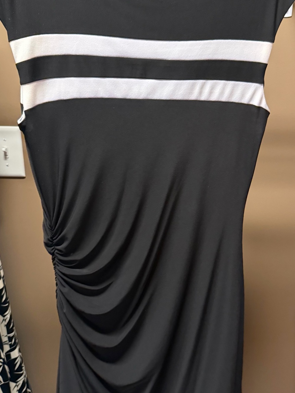 Ralph Lauren Black Dress with White Stripes, Ruched Side Midi